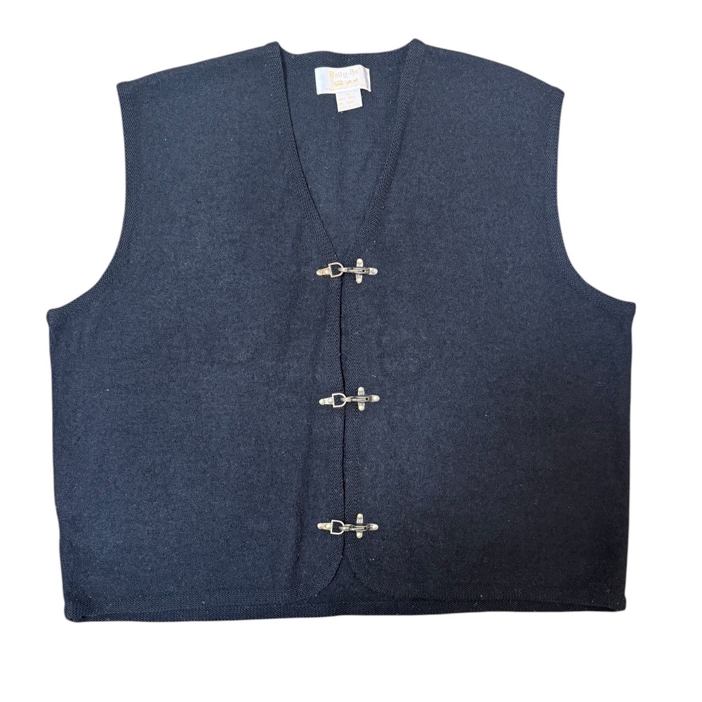 Tally-Ho Vintage 100% Wool Knit Vest Navy Blue Brass Clasp Closure Large